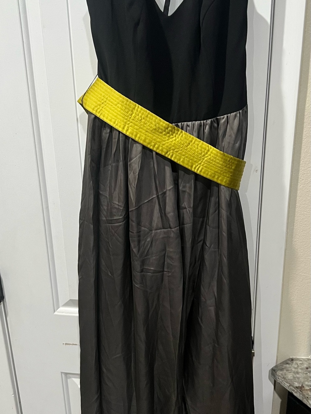 Vera Wang Black and Gray Maxi Dress with Yellow Sash